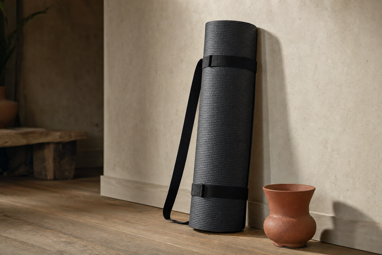 Thick black exercise yoga mat rolled up with carry strap on warm neutral background