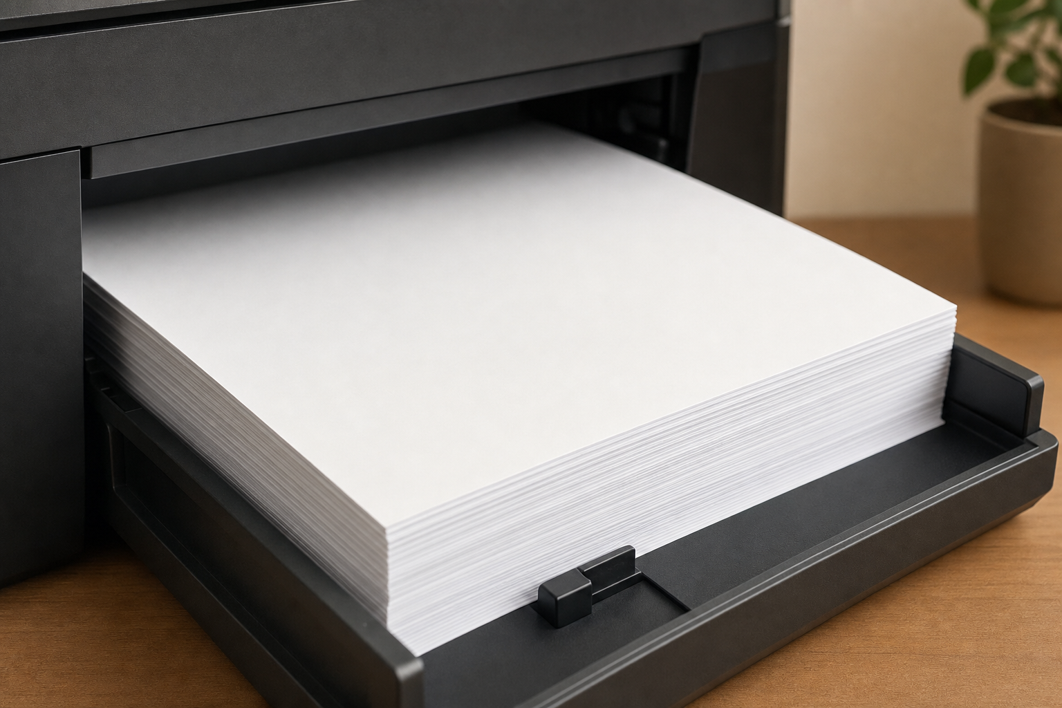 White printer paper sheets loaded in a standard home-office printer tray showing sheet edge consistency