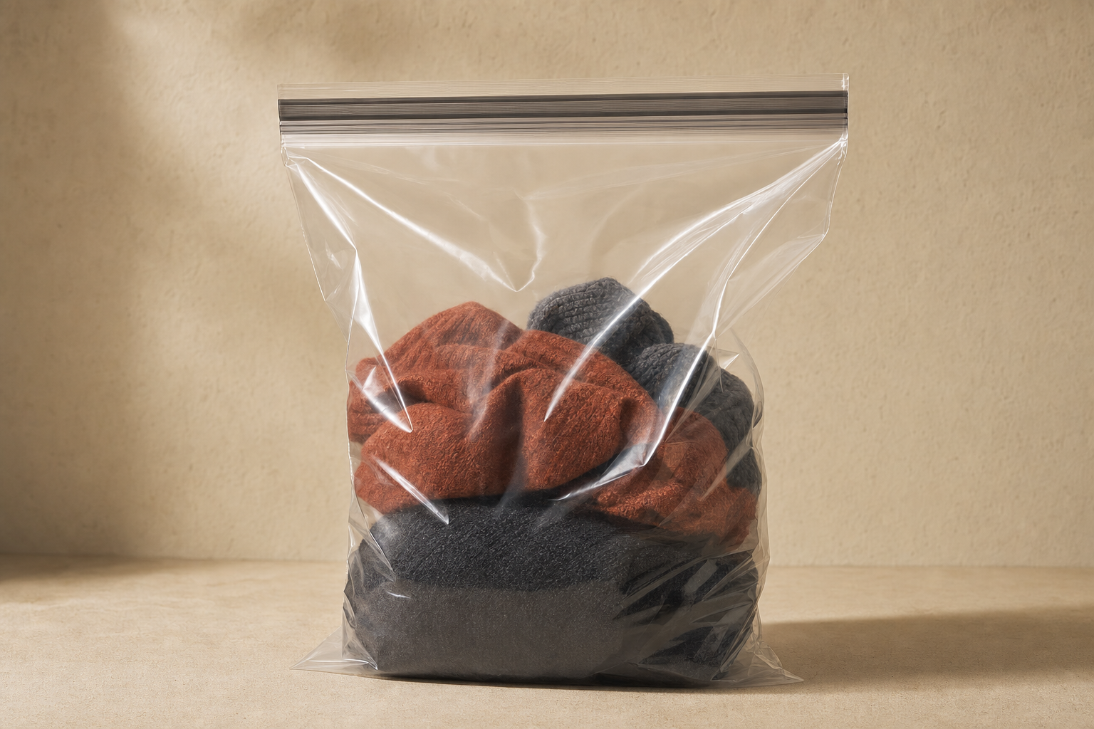 Clear gallon reclosable storage bag showing press-seal zipper closure detail on a warm neutral background