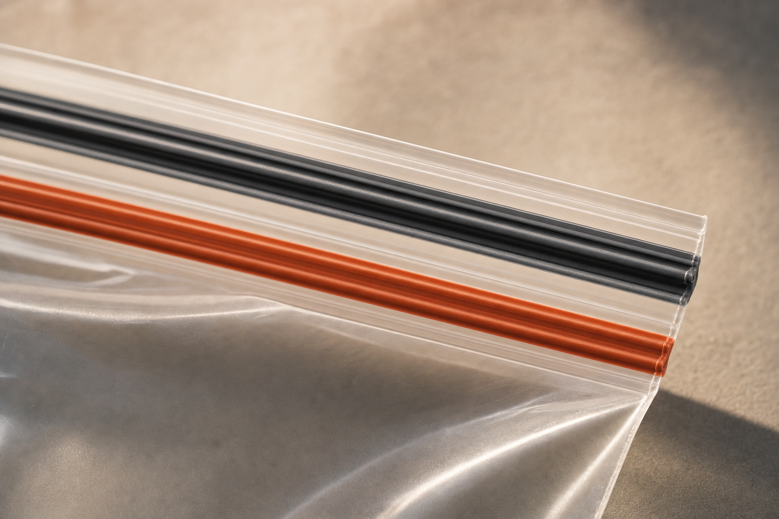 Close-up of the double-track zipper seal on a clear gallon food storage bag