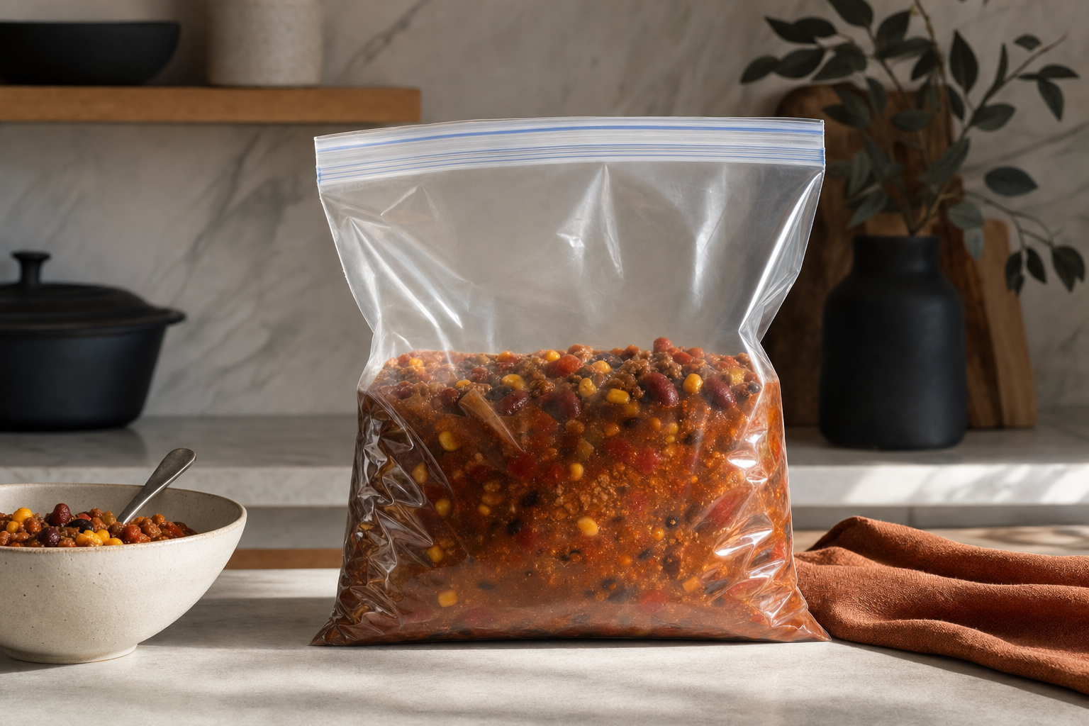 Clear gallon storage bag used for food storage in a minimal kitchen editorial scene
