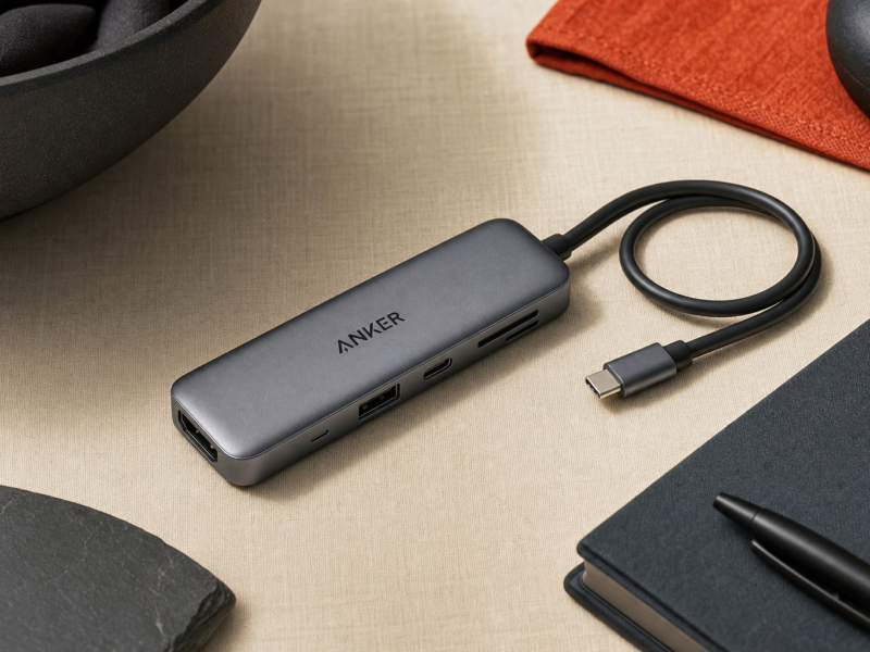 Anker USB-C Hub 5-in-1 A8355011 on a warm neutral surface showing ports and fixed cable at a three-quarter angle