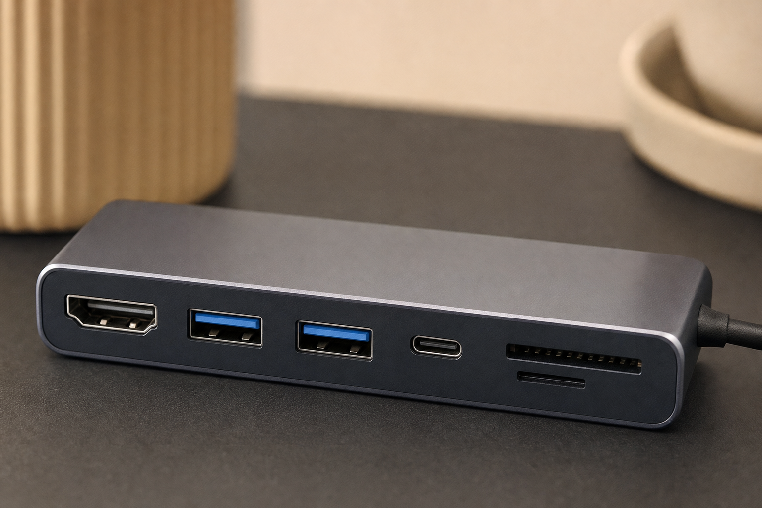 Close-up of Anker USB-C Hub 5-in-1 showing HDMI, USB-A, USB-C, SD, and microSD ports