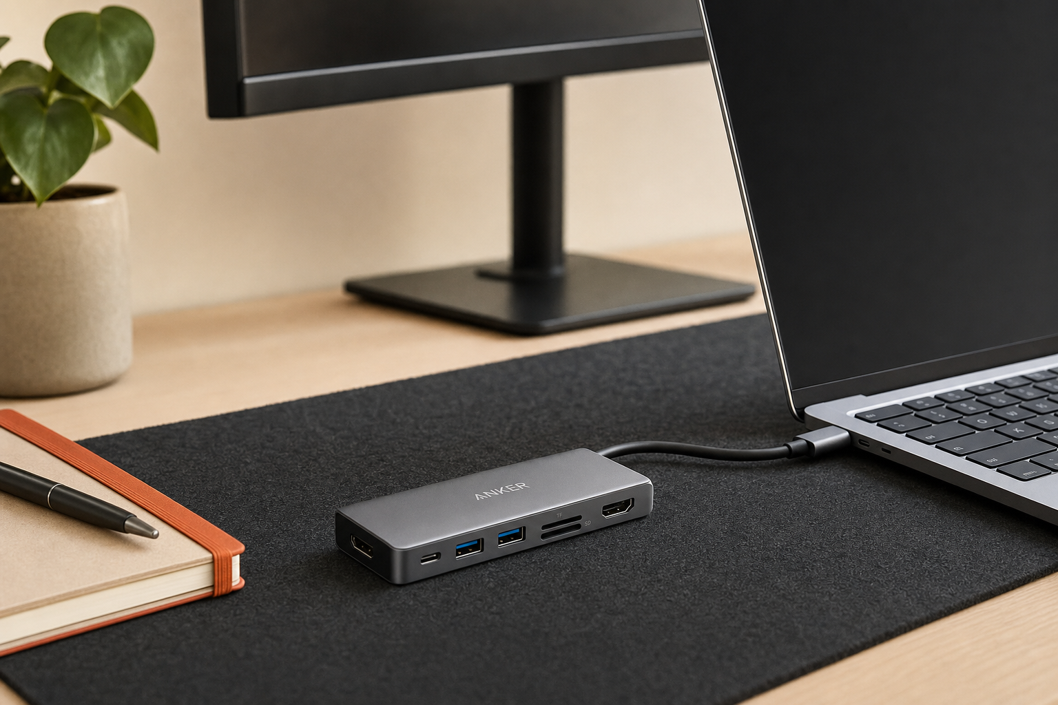 Anker USB-C Hub 5-in-1 connected to a slim laptop on a home-office desk with an external monitor in the background