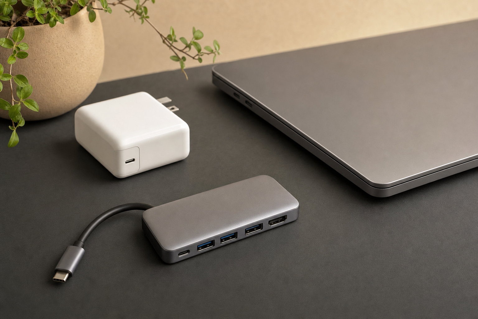 Anker USB-C Hub 5-in-1 shown beside a laptop charger to illustrate its compact size