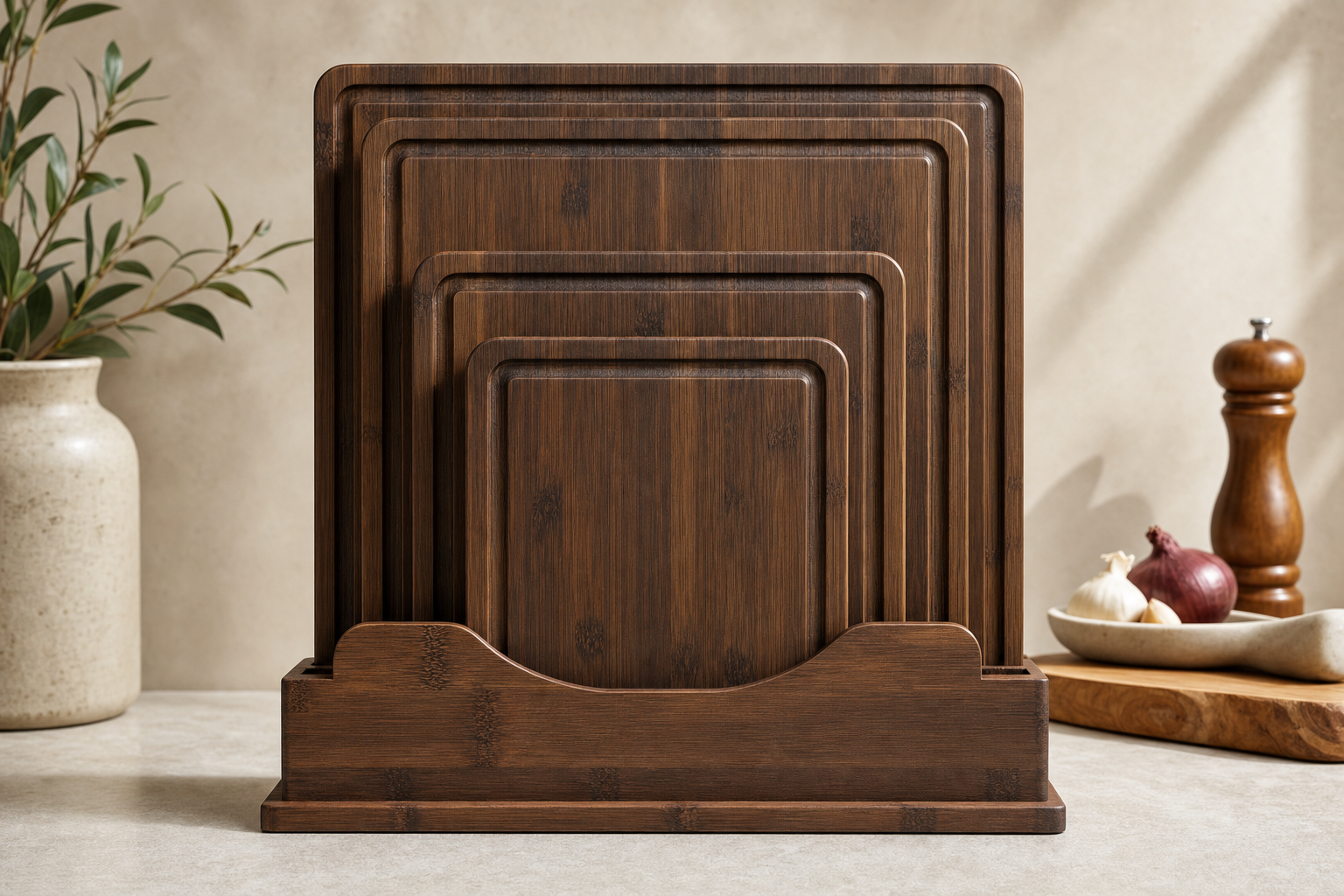 Full Astercook bamboo cutting board set displayed upright in its vertical stand