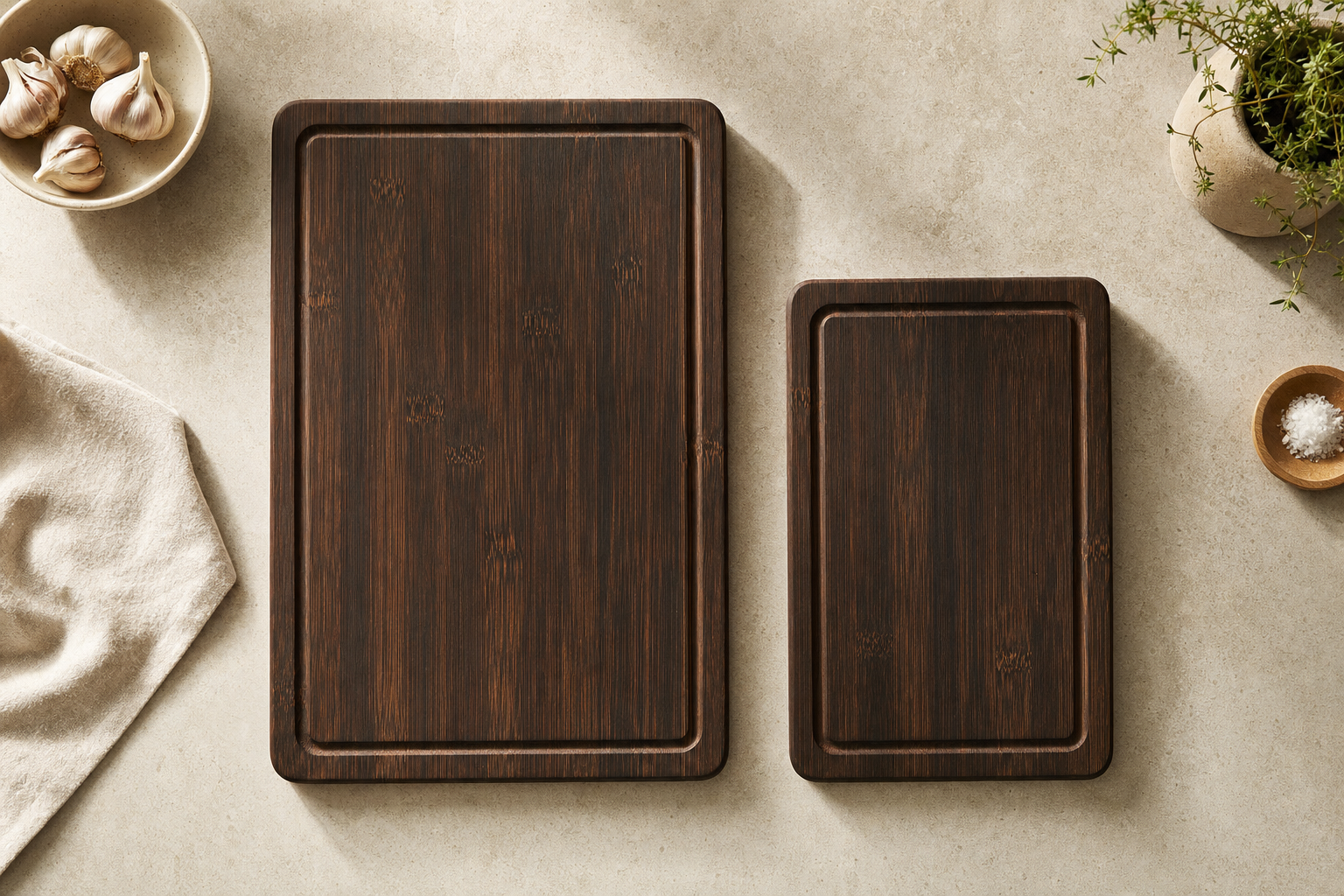 Top-down comparison of two Astercook bamboo cutting boards showing size difference