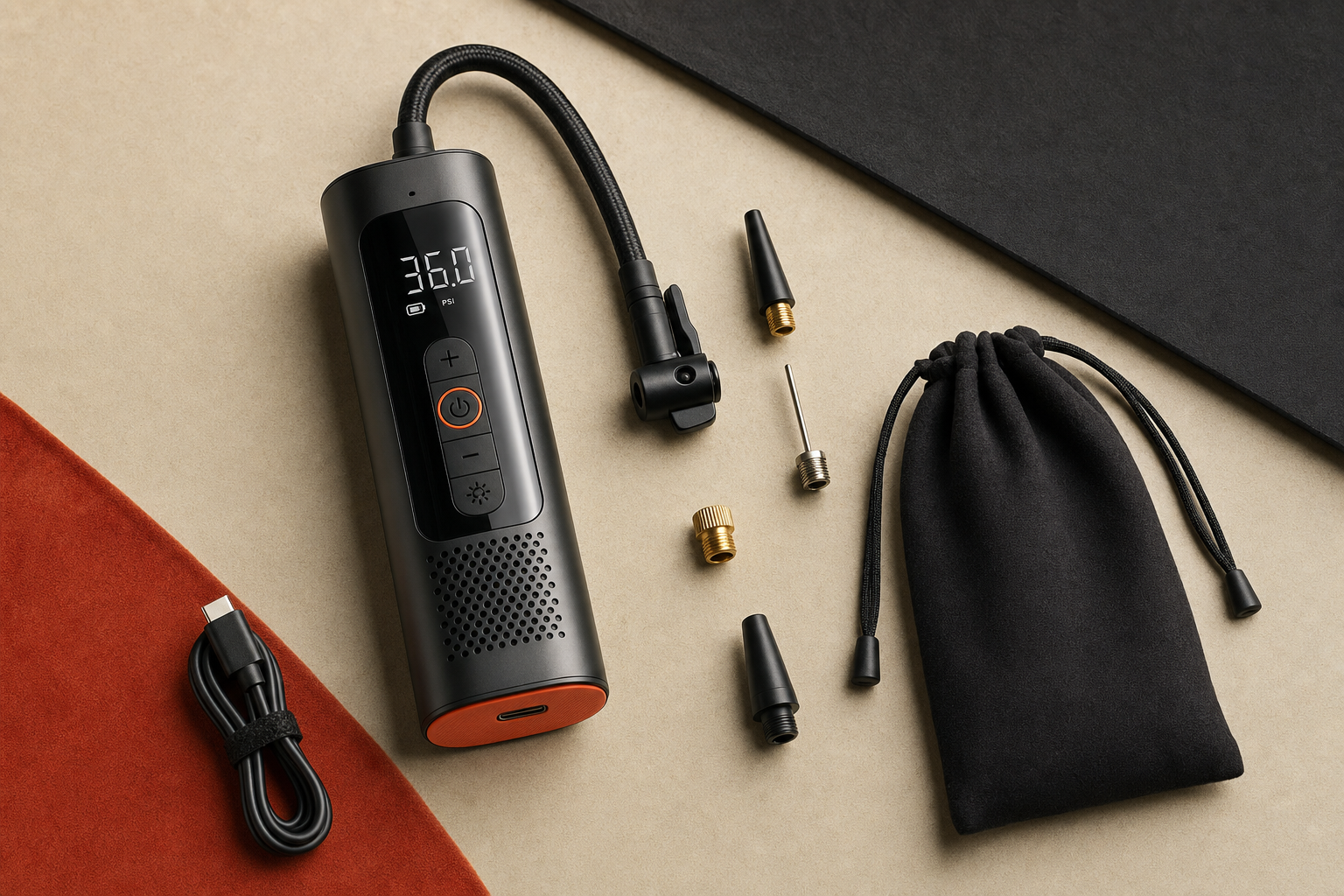AstroAI AIRUN L7 inflator laid out with its nozzle adapters, USB-C cable, and storage pouch