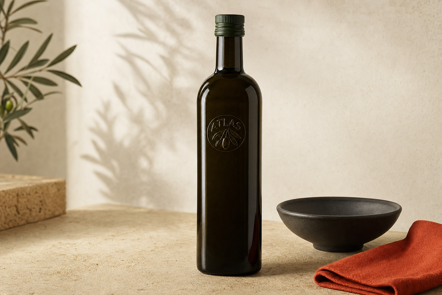 Atlas Organic Extra Virgin Olive Oil 1 L bottle on a neutral stone surface with minimal charcoal and rust styling