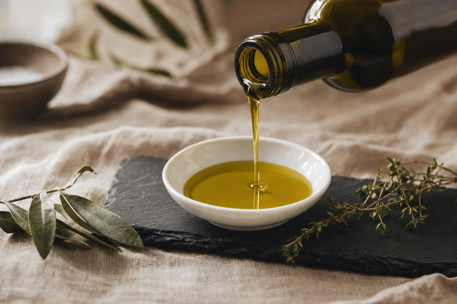 Golden-green extra virgin olive oil being poured into a small ceramic dipping dish on a neutral linen surface