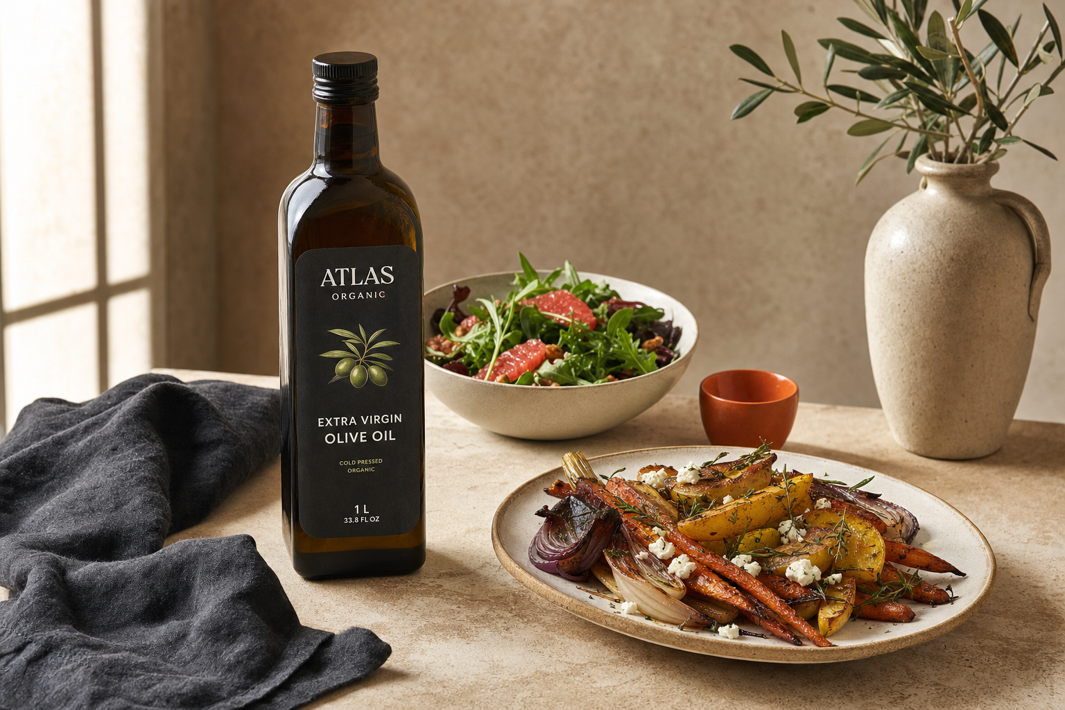 Atlas Organic olive oil bottle beside roasted vegetables and salad in a minimal kitchen styling scene