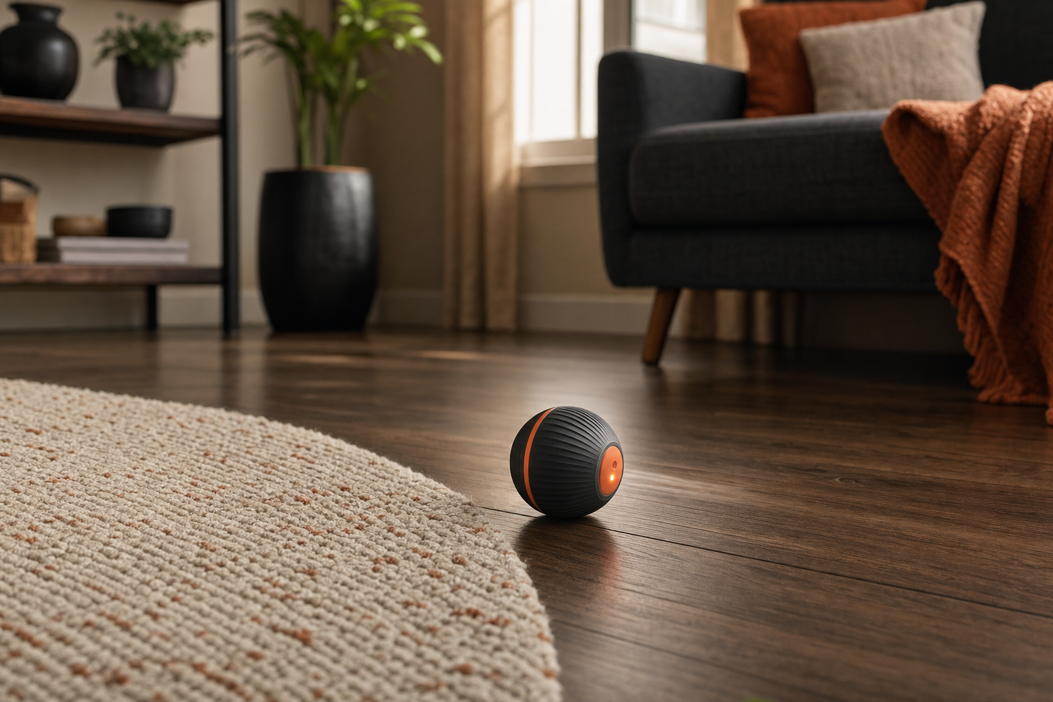 Motorized cat toy ball shown on hardwood floor beside a low-pile rug to illustrate floor type performance differences