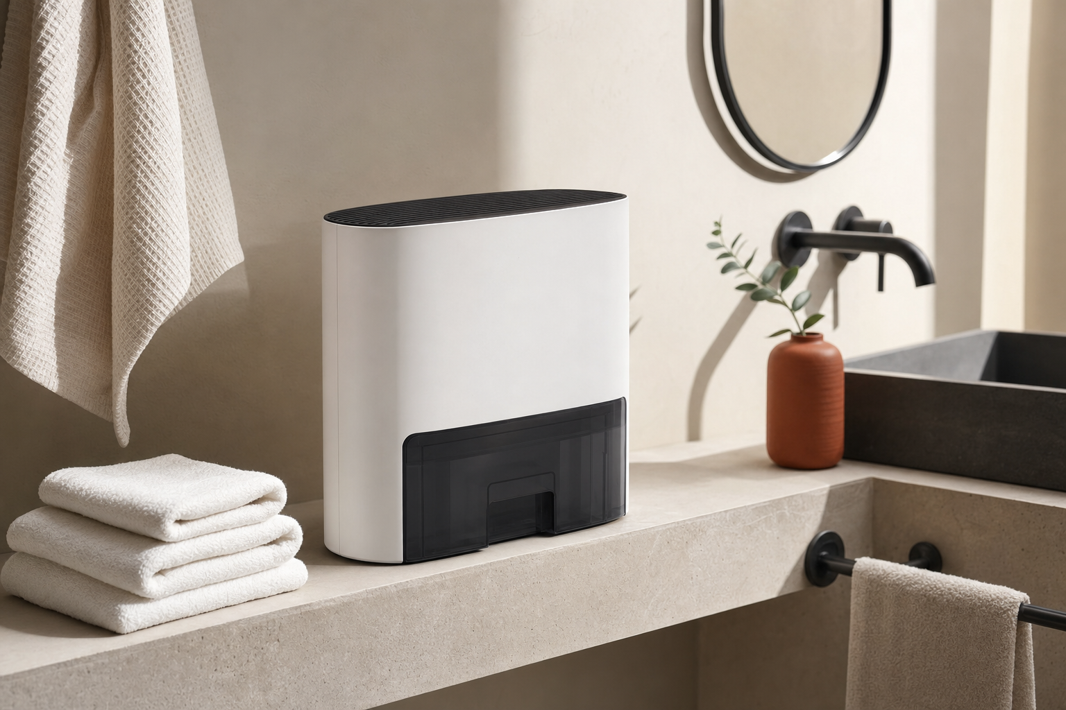 BEDRED CT11 dehumidifier on a bathroom shelf beside white towels, showing the units compact scale in a realistic small-space setting