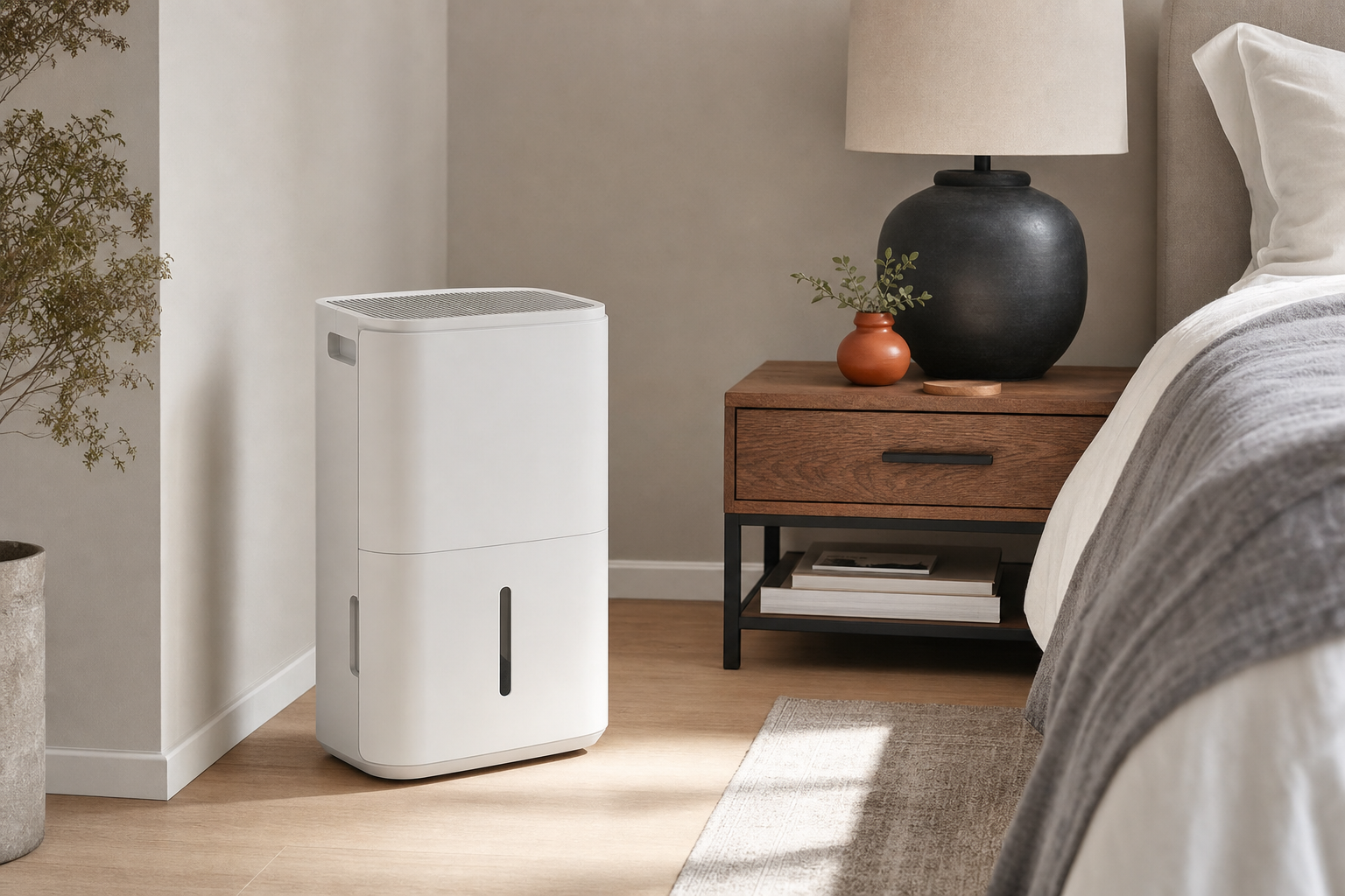 BEDRED CT11 dehumidifier positioned beside a bedroom wall near a bedside table, showing realistic bedroom placement and scale