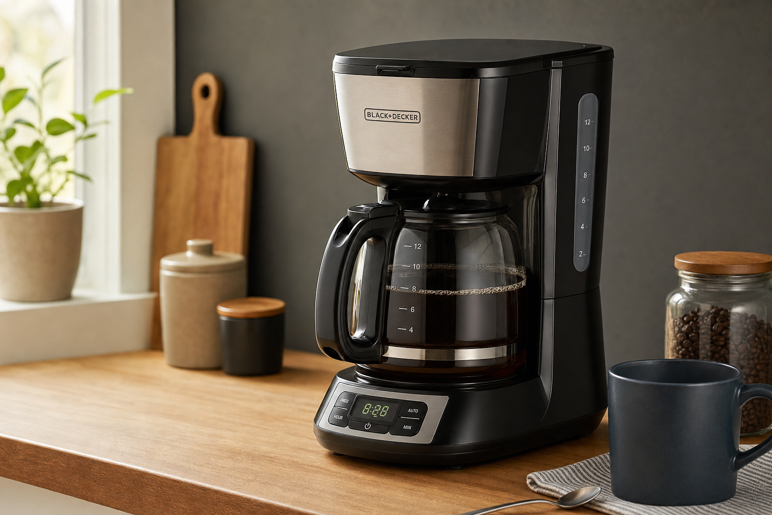 BLACK+DECKER CM1160B-1 glass carafe on warming plate and water reservoir window