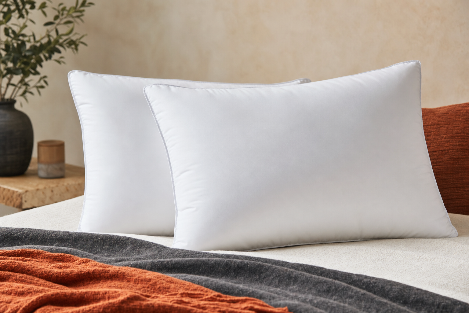 Two white queen-size down-alternative bed pillows shown front and side angle with realistic loft