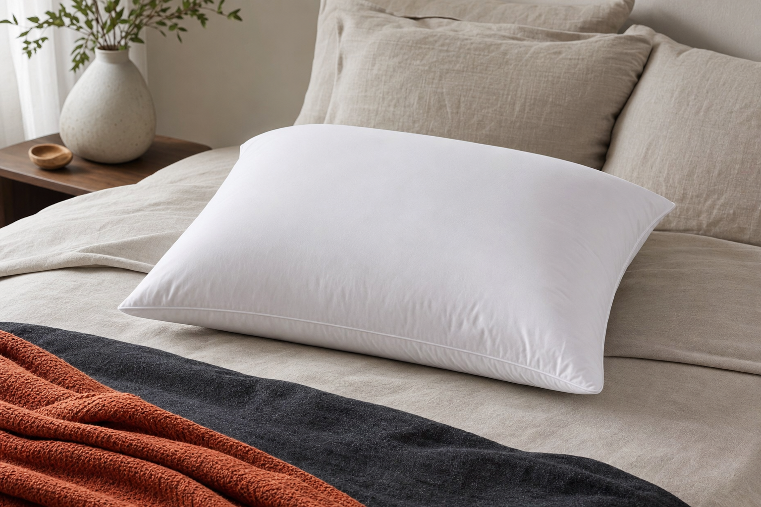 White hotel-style queen pillow on a made bed showing realistic loft in natural light
