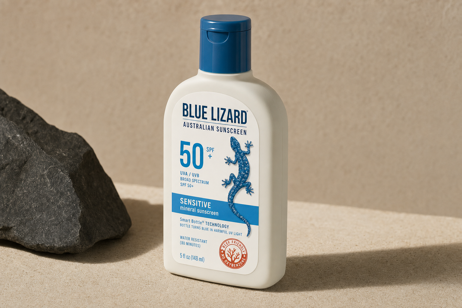 Blue Lizard Sensitive Mineral Sunscreen SPF 50 bottle at three-quarter angle on neutral surface