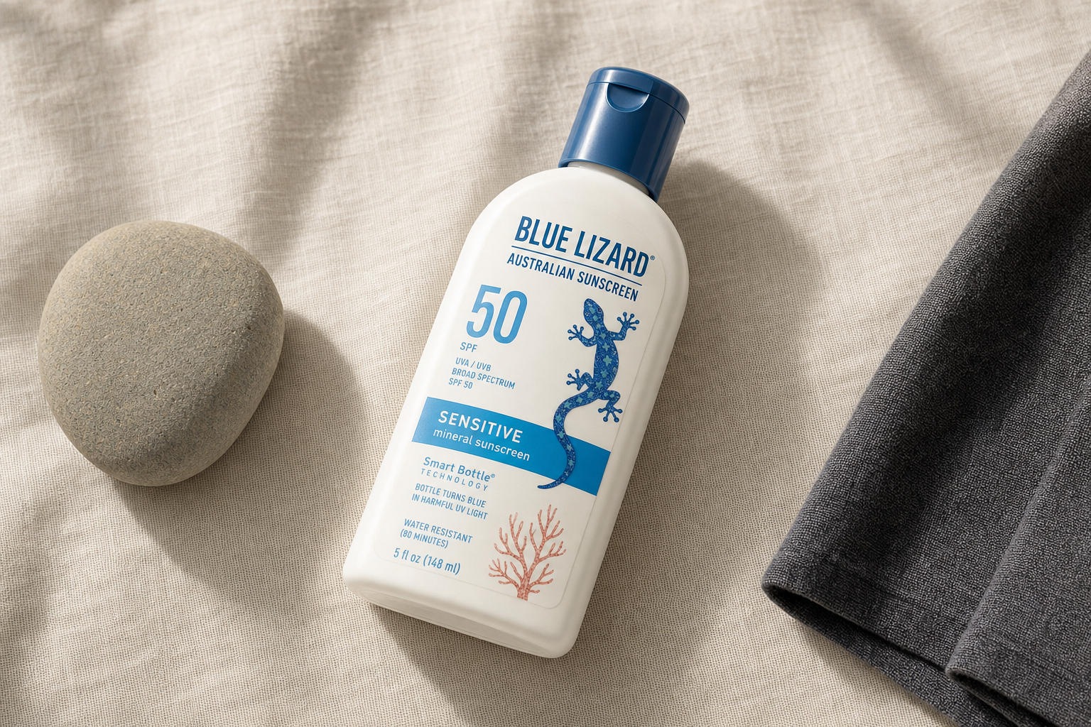 Blue Lizard Sensitive Mineral Sunscreen SPF 50 bottle in flat-lay editorial composition