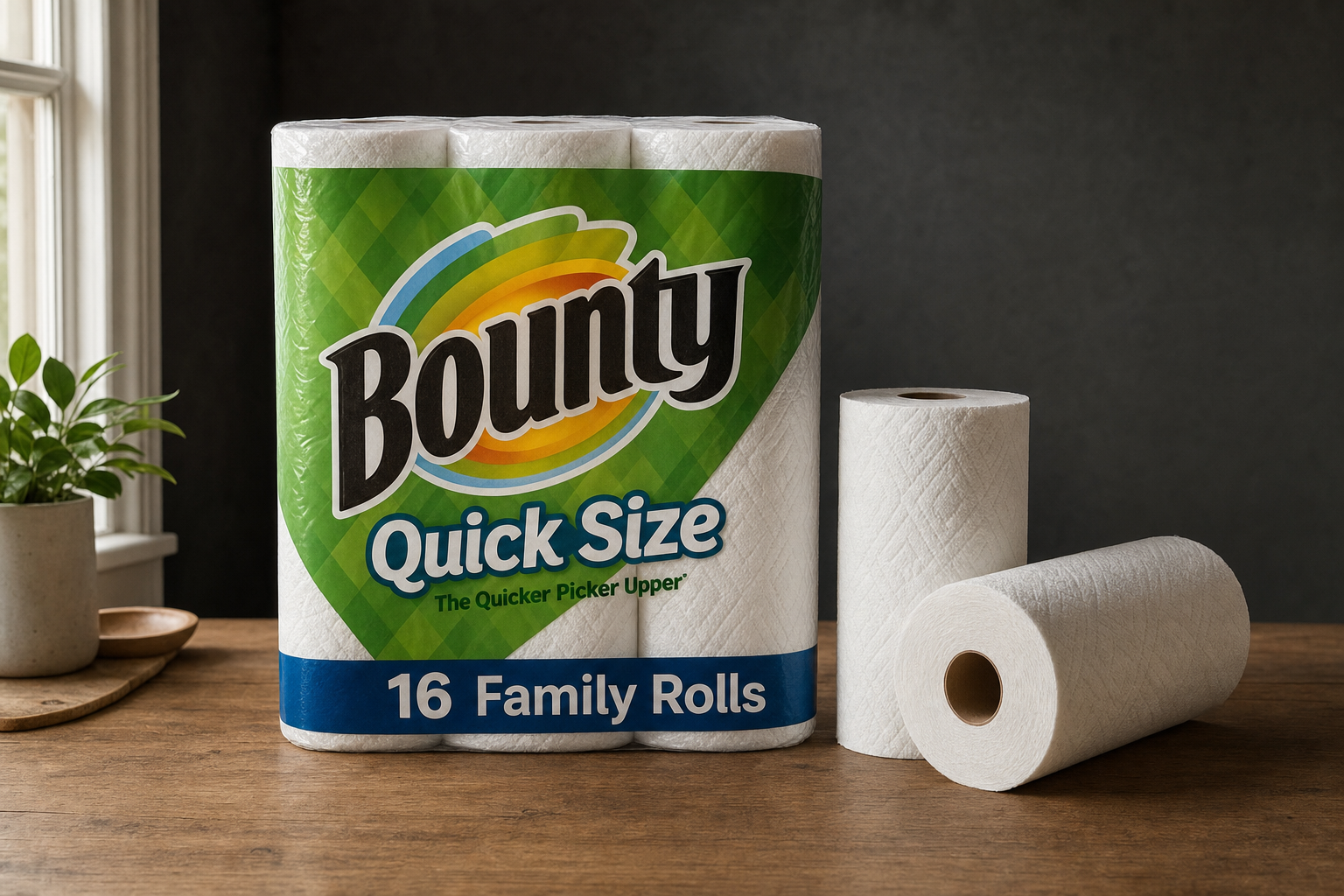 Bounty Quick Size 16 Family Rolls pack on a neutral wood surface with two individual rolls beside it