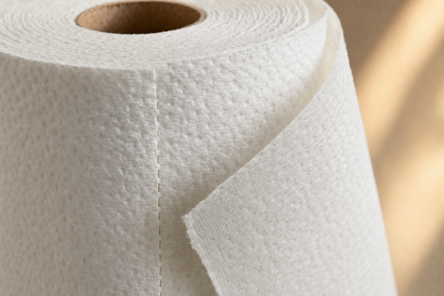 Close-up of Bounty Quick Size paper towel sheet perforations and two-ply texture