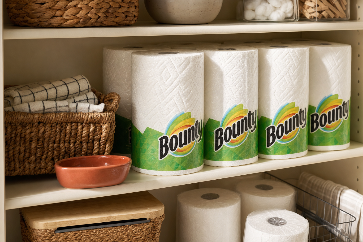 Bounty paper towel rolls stored on a pantry shelf alongside household staples