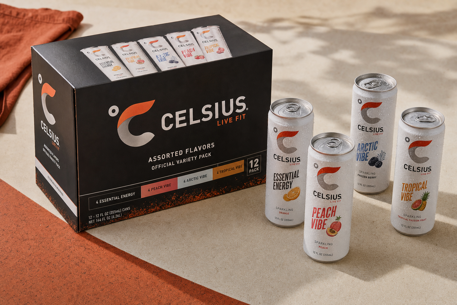 CELSIUS Official Variety Pack box with assorted 12 oz sparkling cans on a neutral surface