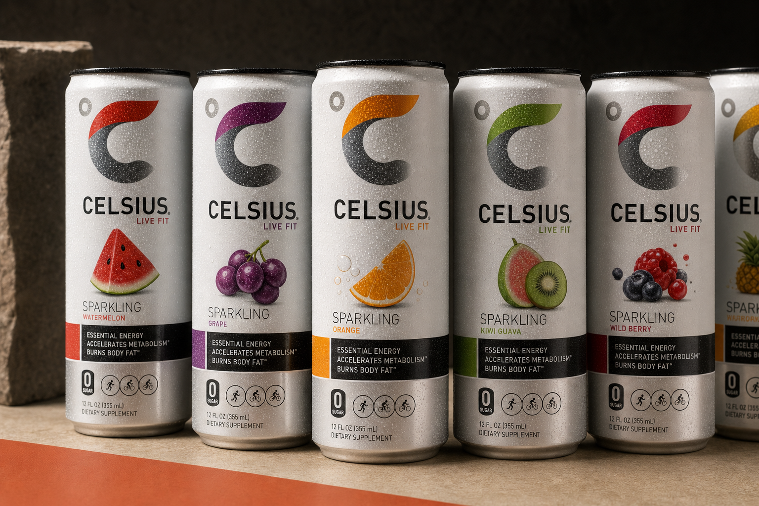 Assorted CELSIUS 12 oz sparkling cans arranged side by side showing different flavor varieties
