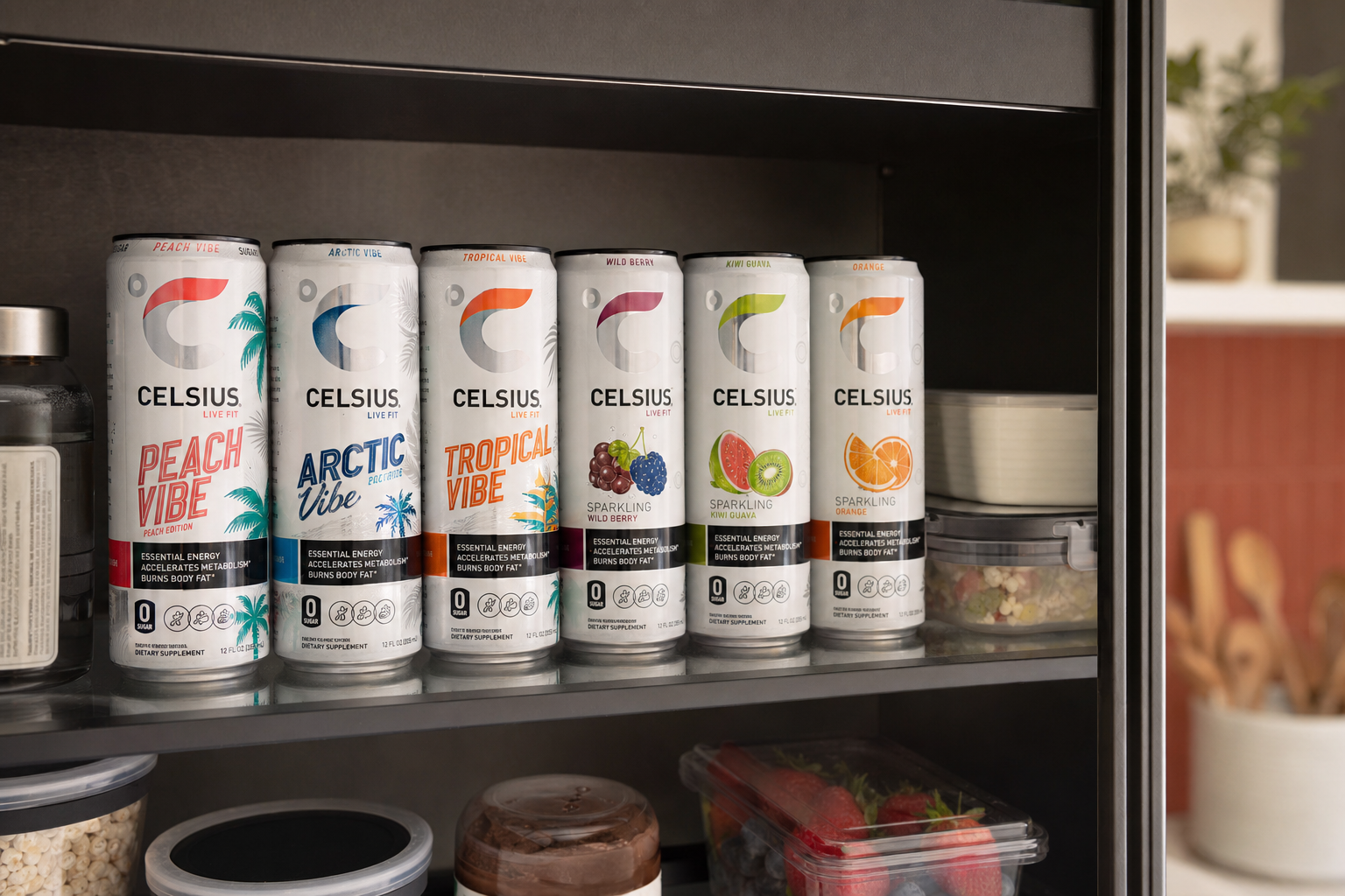CELSIUS assorted sparkling cans stored on a refrigerator shelf showing practical storage context