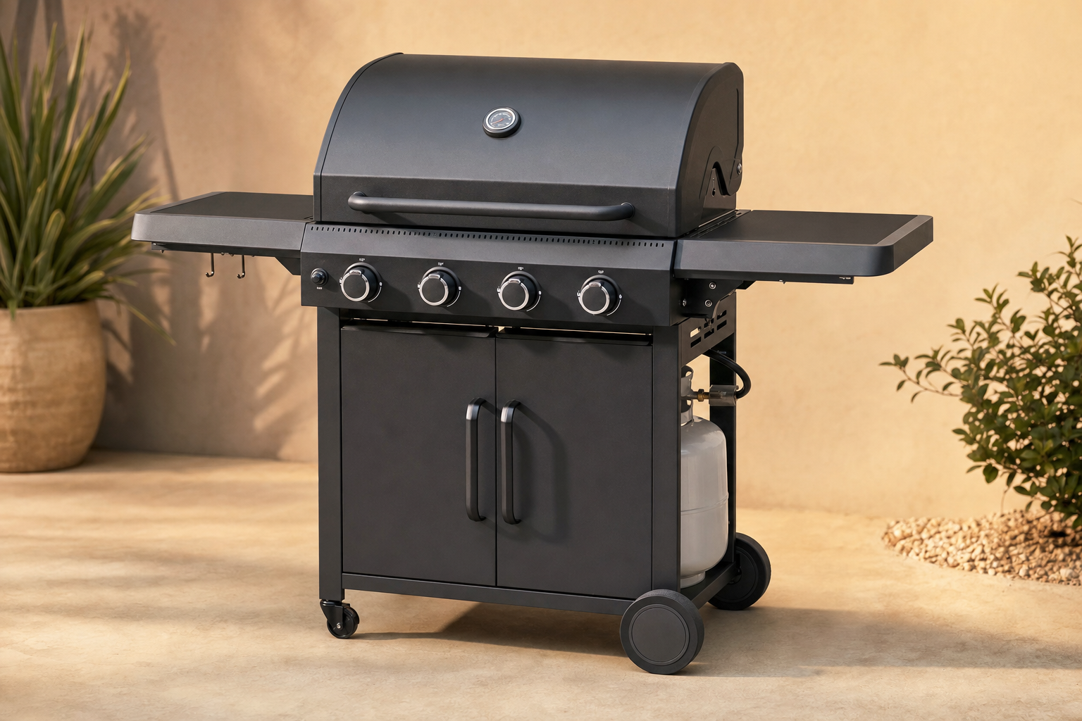 Front three-quarter view of a 4-burner propane gas grill with foldable side shelves open