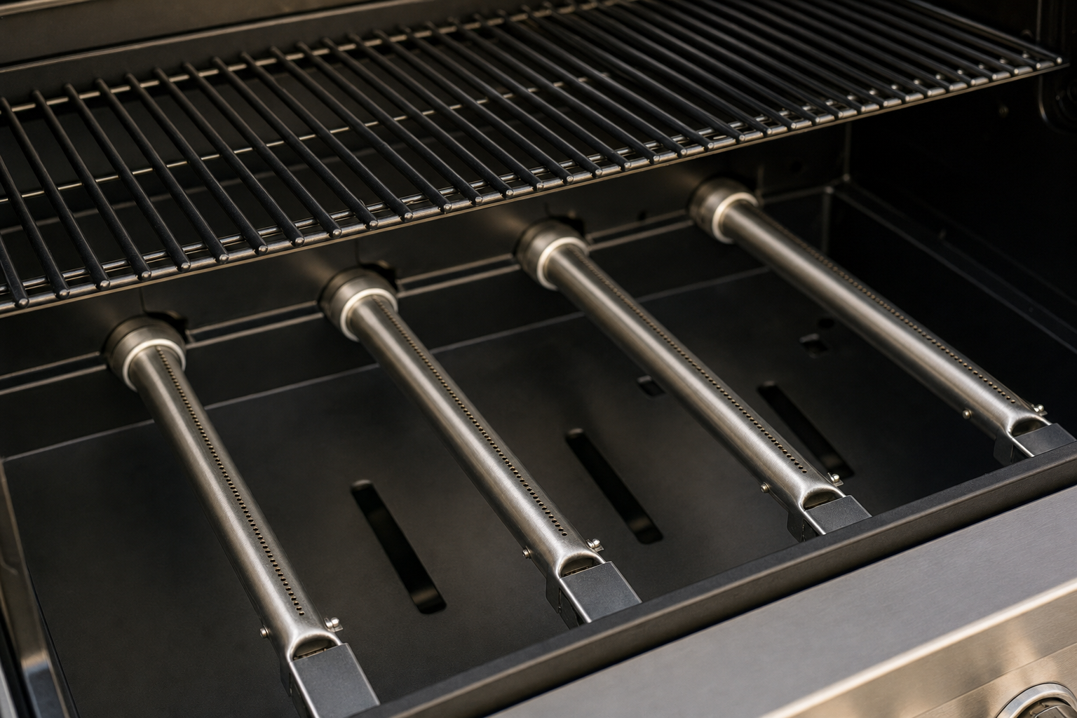 Close-up of a 4-burner gas grill cookbox showing burner tubes and grill grate