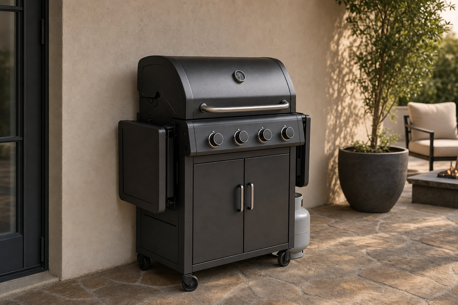 4-burner gas grill with both foldable side shelves folded flat, showing compact storage footprint on a patio