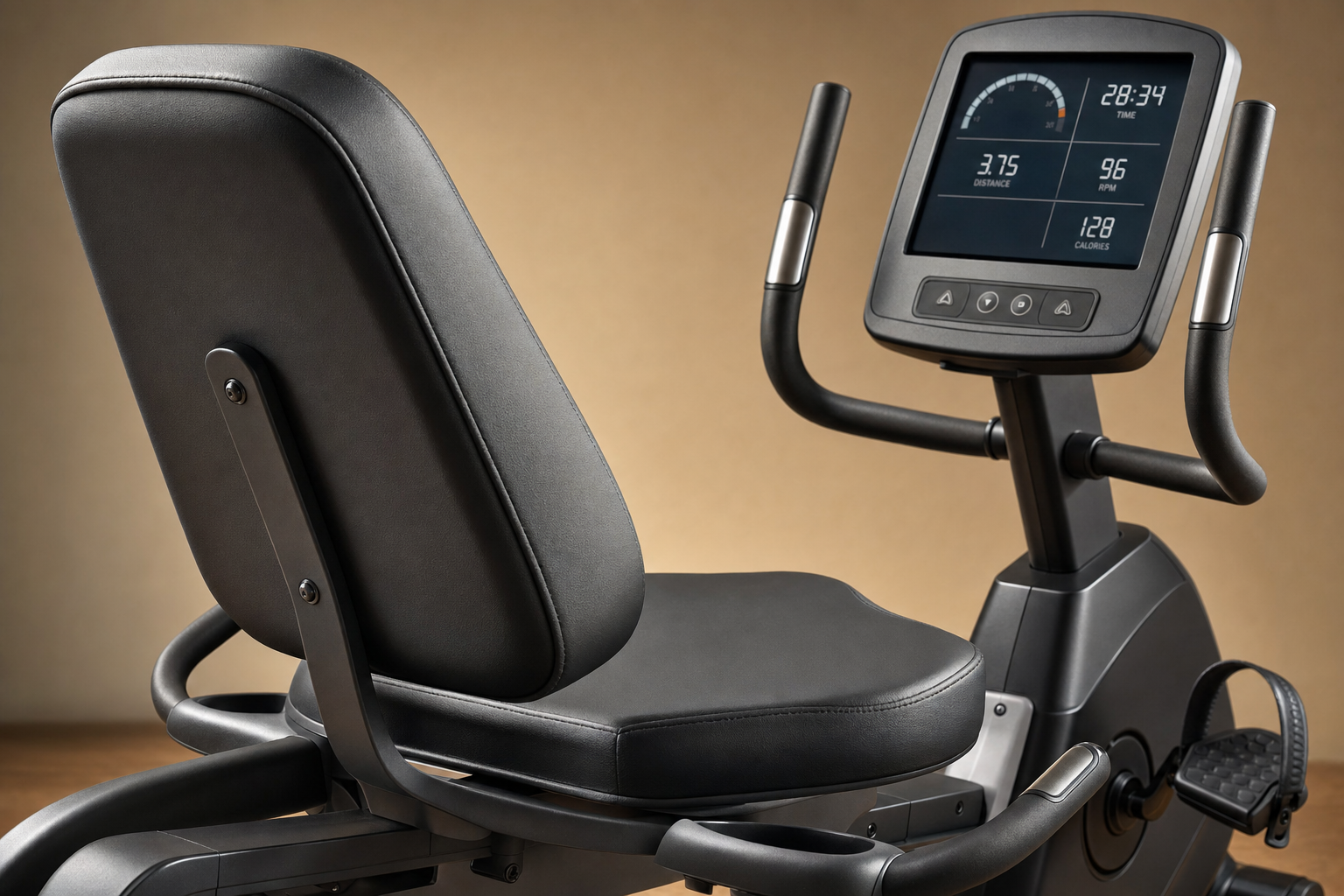 Close-up of recumbent exercise bike seat, backrest, and display console showing resistance and metric controls