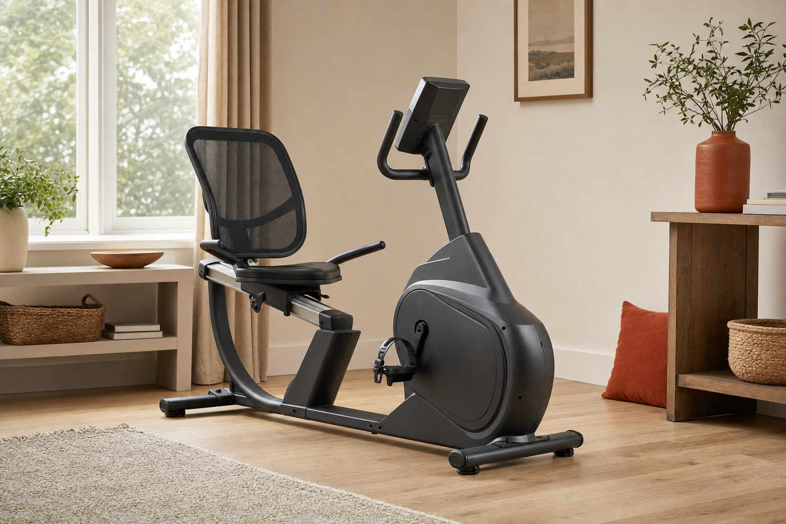 Recumbent exercise bike shown in home room context illustrating its floor footprint and space requirements