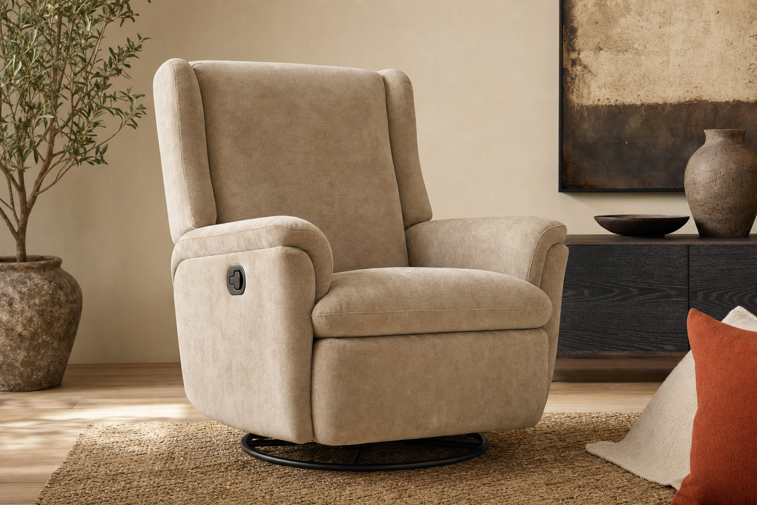 Front three-quarter view of a beige velvet rocking recliner showing upholstery texture and armrest detail