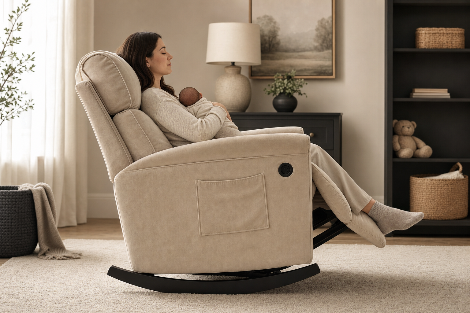Side profile of a beige velvet rocking recliner illustrating seat depth and back height
