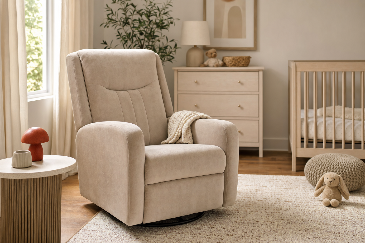 Beige velvet rocking recliner shown in a nursery setting to illustrate room scale and placement