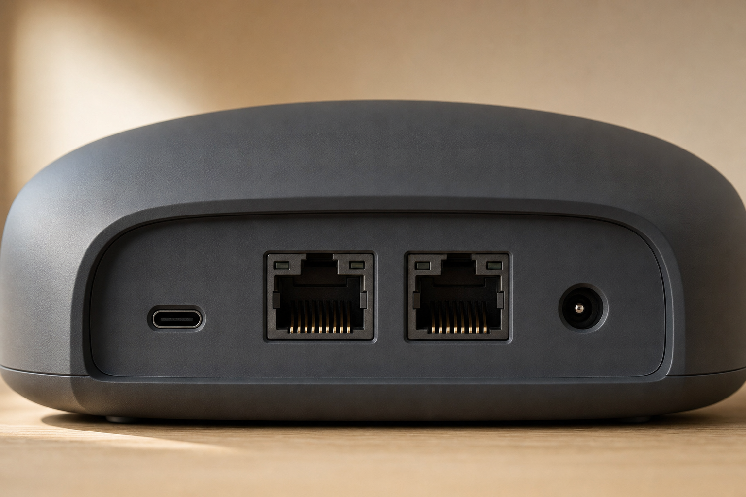 Close-up of the ethernet ports on the back of an eero 6 unit