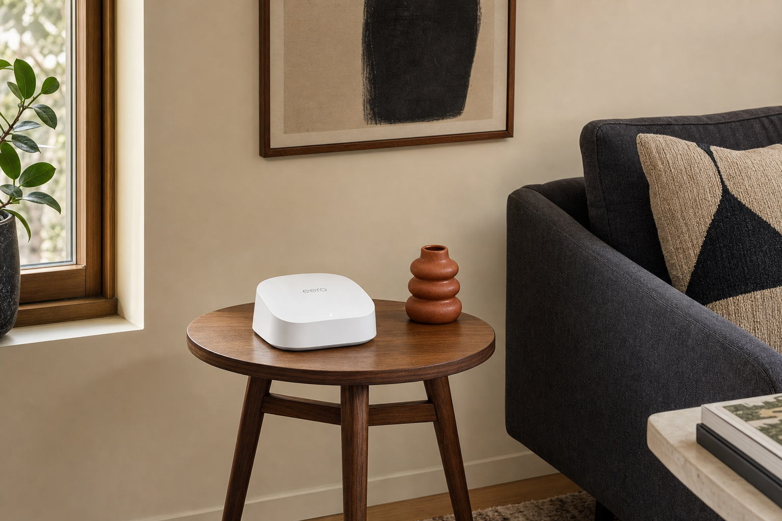 An eero 6 mesh Wi-Fi node placed on a side table in a home living room setting