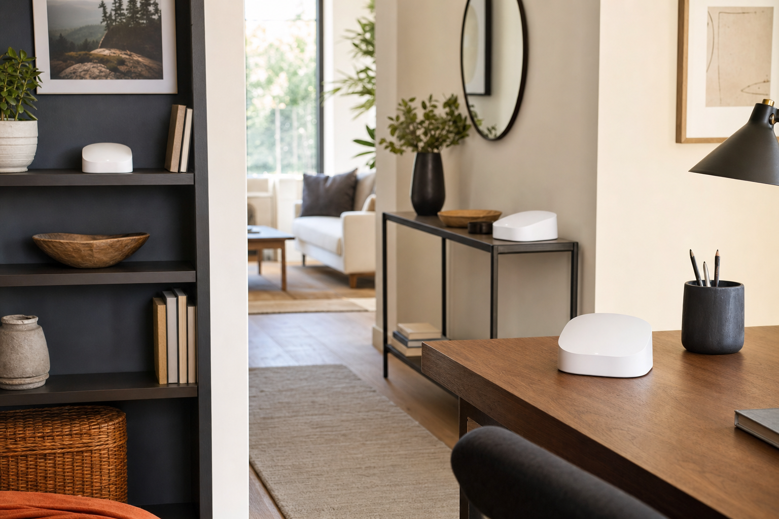 Three eero 7 mesh nodes placed in different rooms to illustrate whole-home Wi-Fi coverage