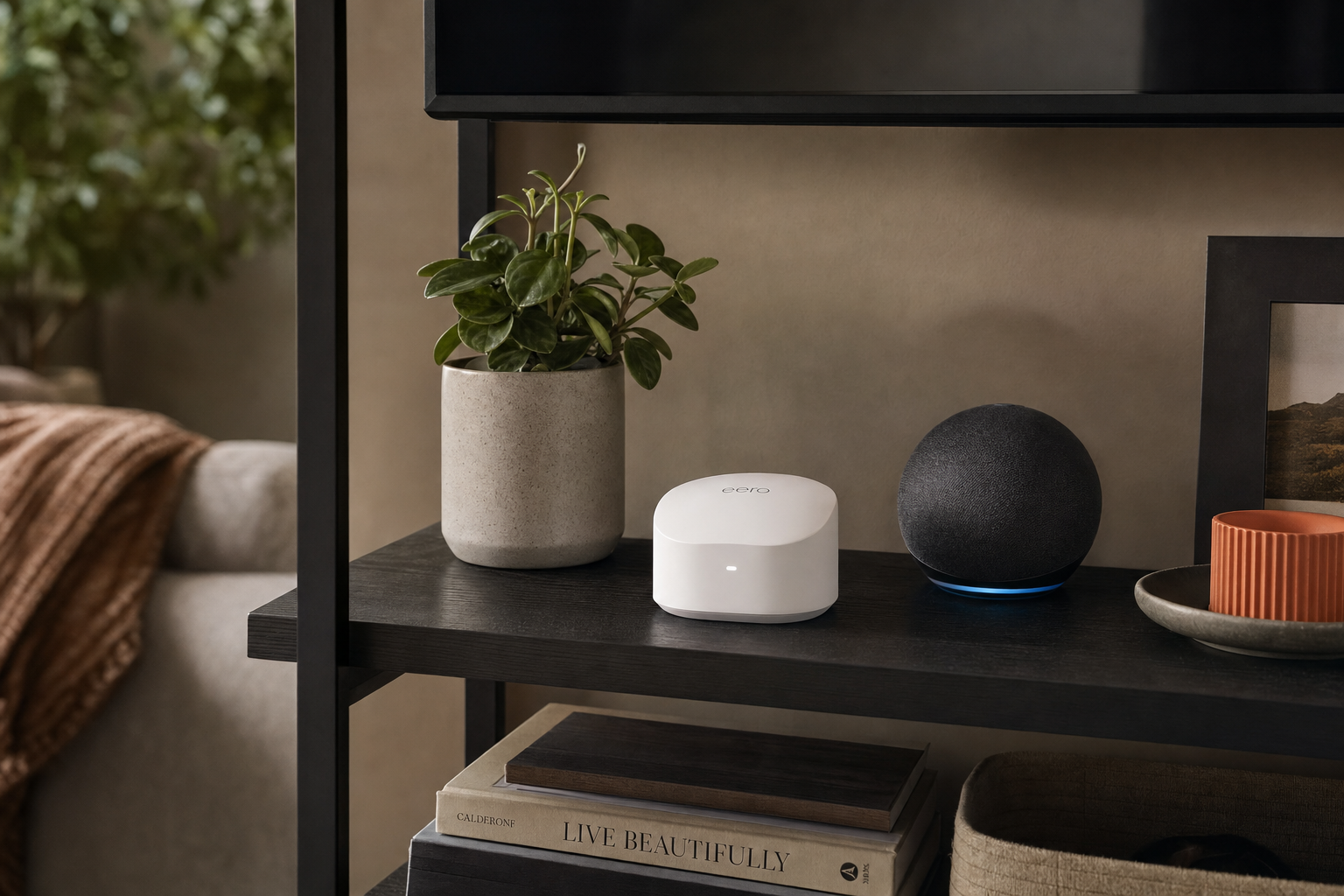 eero 7 mesh node on a living-room shelf alongside a smart speaker, suggesting Amazon smart-home integration