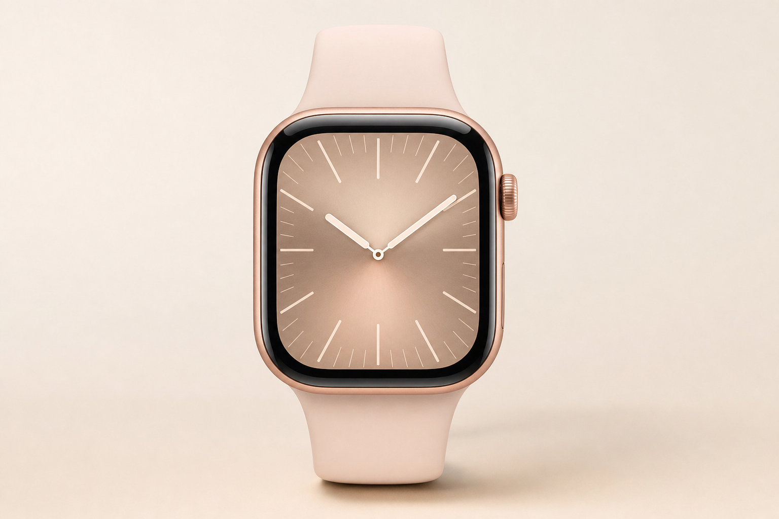 Apple Watch Series 11 GPS 42mm Rose Gold Aluminum front view with Light Blush Sport Band