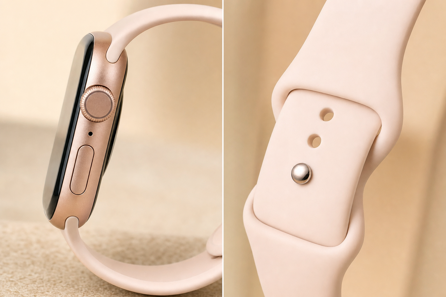 Apple Watch Series 11 42mm side profile showing Rose Gold aluminum case edge and Light Blush Sport Band clasp detail