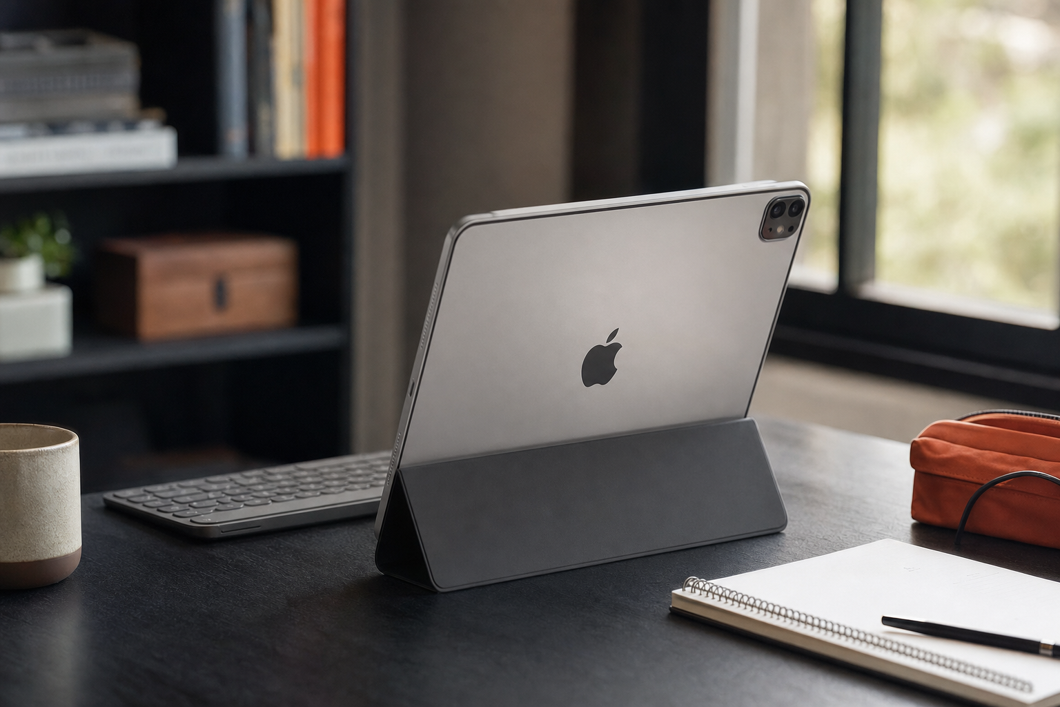 iPad 11-inch A16 in a student desk study setting with keyboard accessory