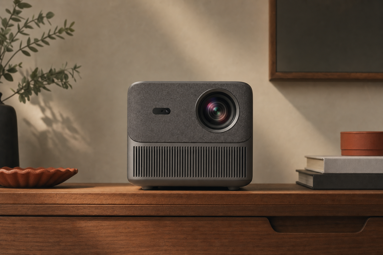 Aurzen D1R projector front view on a bedroom dresser in a warm neutral editorial setting