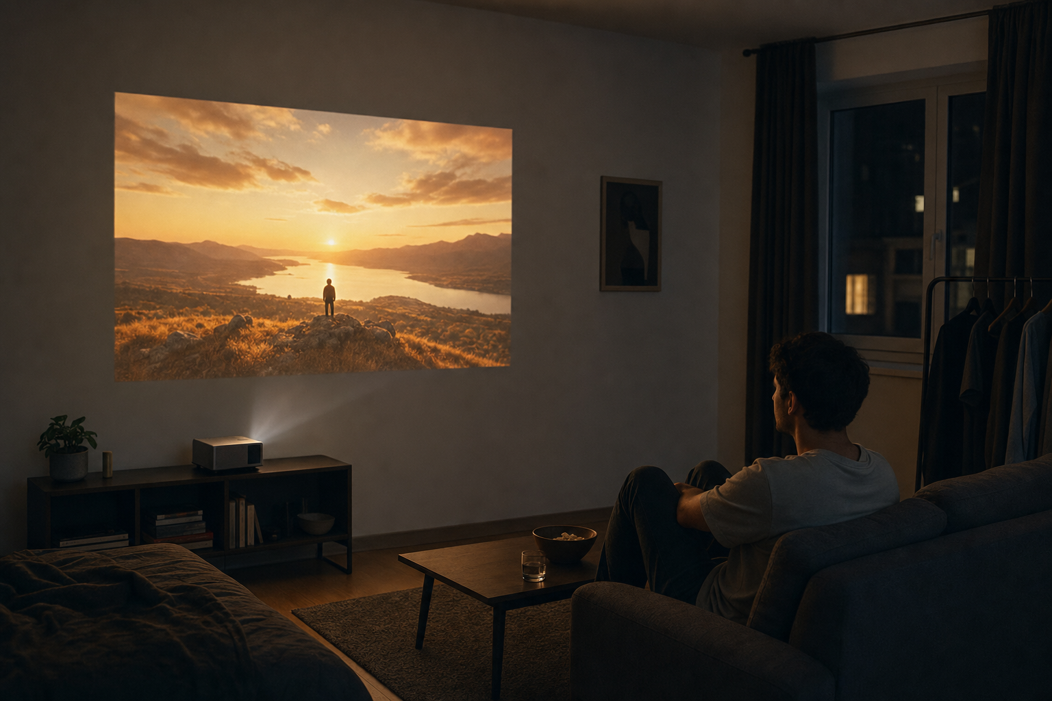 Compact smart projector casting an image on a wall in a darkened bedroom, showing realistic throw distance and room scale