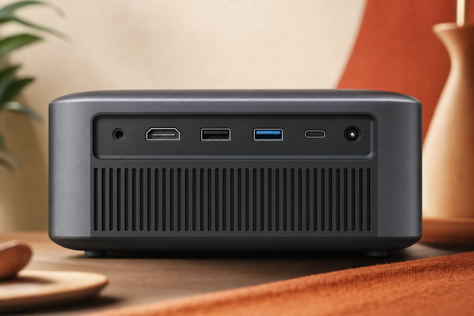 Close-up of compact smart projector rear ports including HDMI input in an editorial product photography style