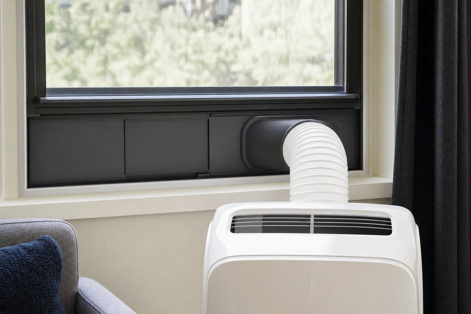 Portable air conditioner window vent kit installed in a sliding window