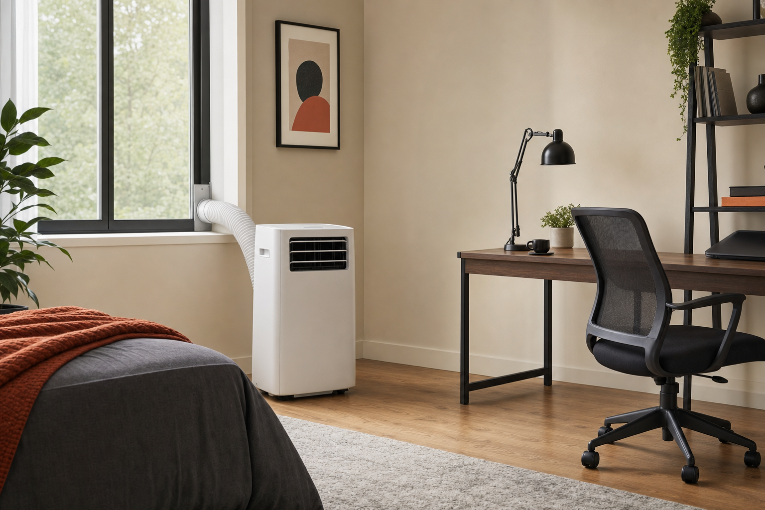 Portable air conditioner shown in a small room to illustrate realistic cooling coverage