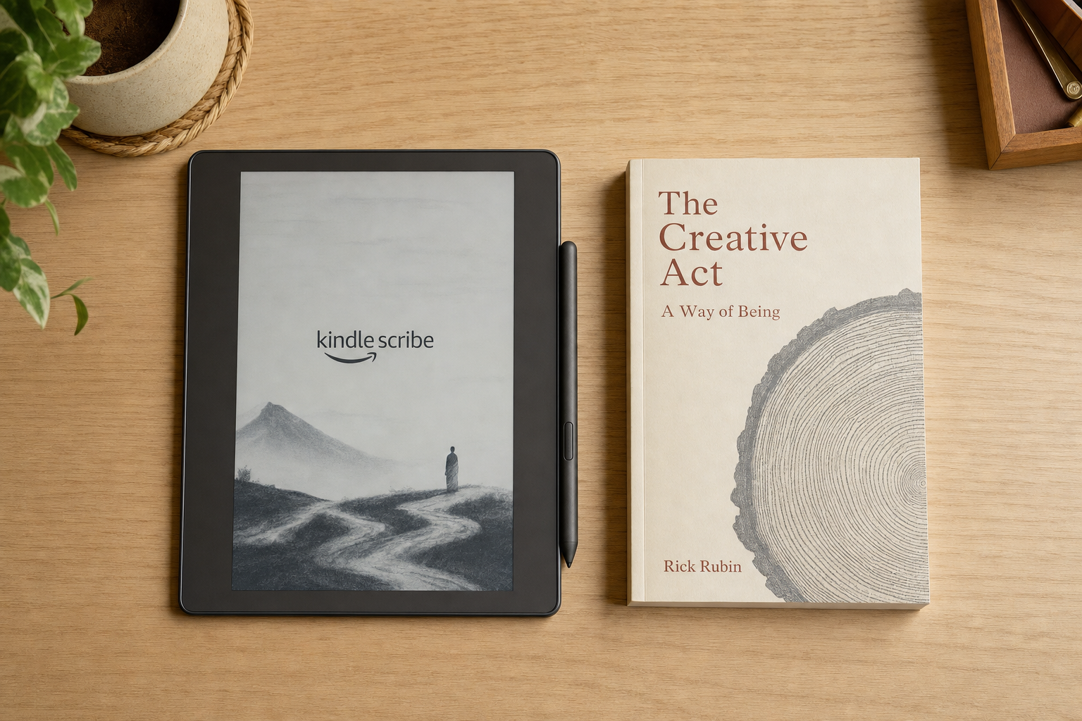 Kindle Scribe next to paperback for size comparison